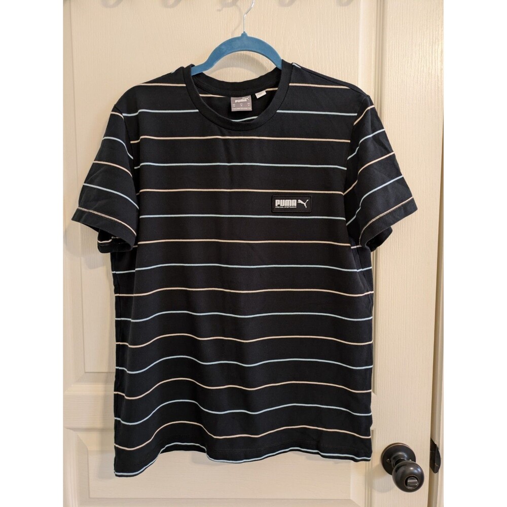Puma Fusion Striped Tee T-Shirt Mens Medium Top Casual Crew Neck - Black -